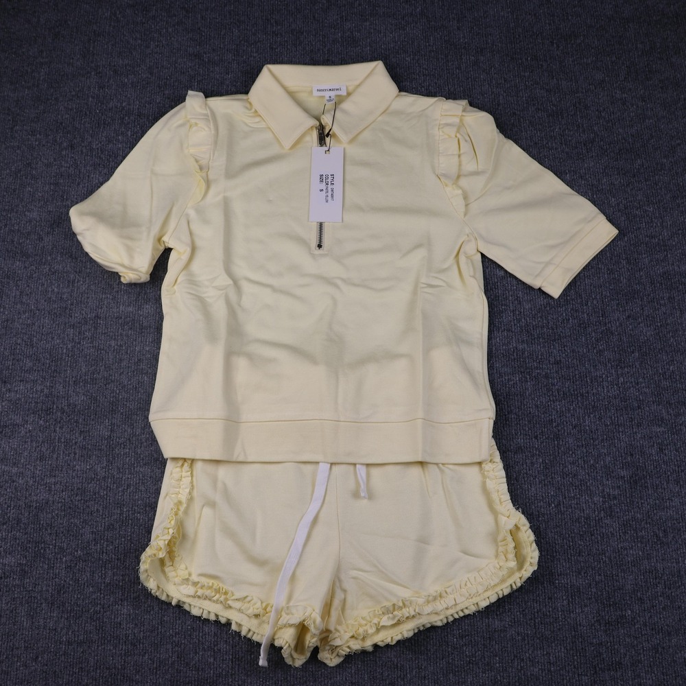 Dance & Marvel Womens Pastel Yellow Ruffle Lounge Shirt Shorts Set Small NEW